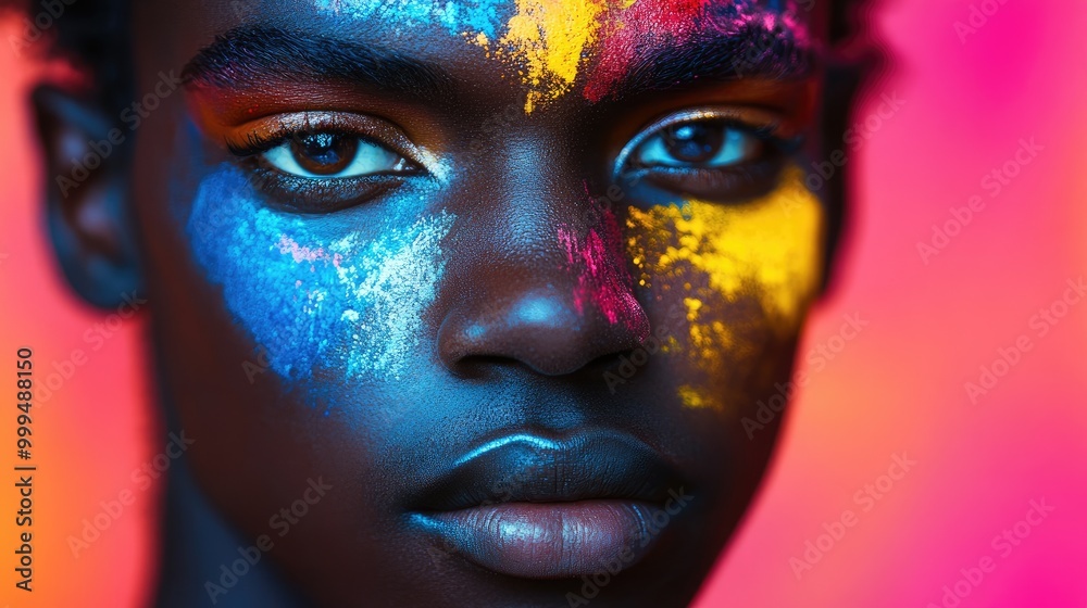 Vibrant Abstract Face Paint Portrait of Dark-Skinned Person with Colorful Background Vibrant Abstract Face Paint Portrait of Dark-Skinned Person with Colorful Background
