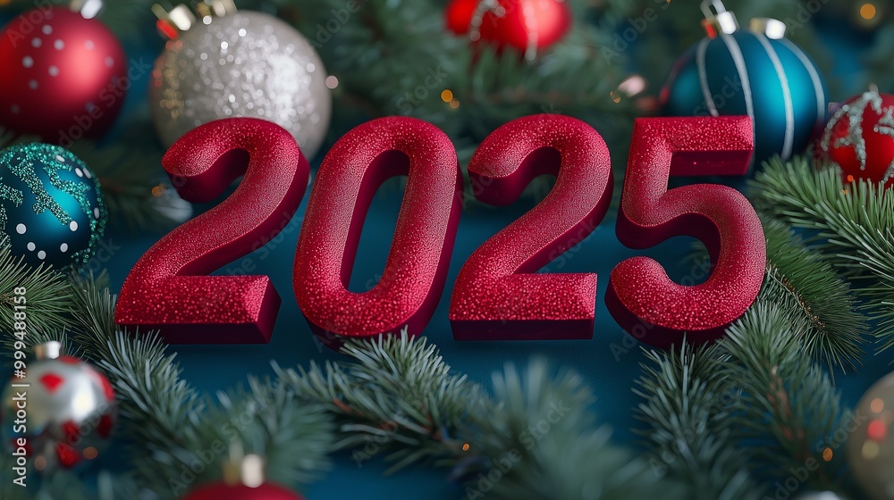 3D Font of text 2025 on New Year, Christmas ornament background 3D Font of text 2025 on New Year, Christmas ornament background