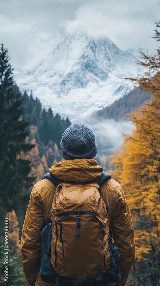Hiker Exploring Mountain Wilderness in Autumn with Snow-Capped Peaks and Golden Foliage Hiker Exploring Mountain Wilderness in Autumn with Snow-Capped Peaks and Golden Foliage