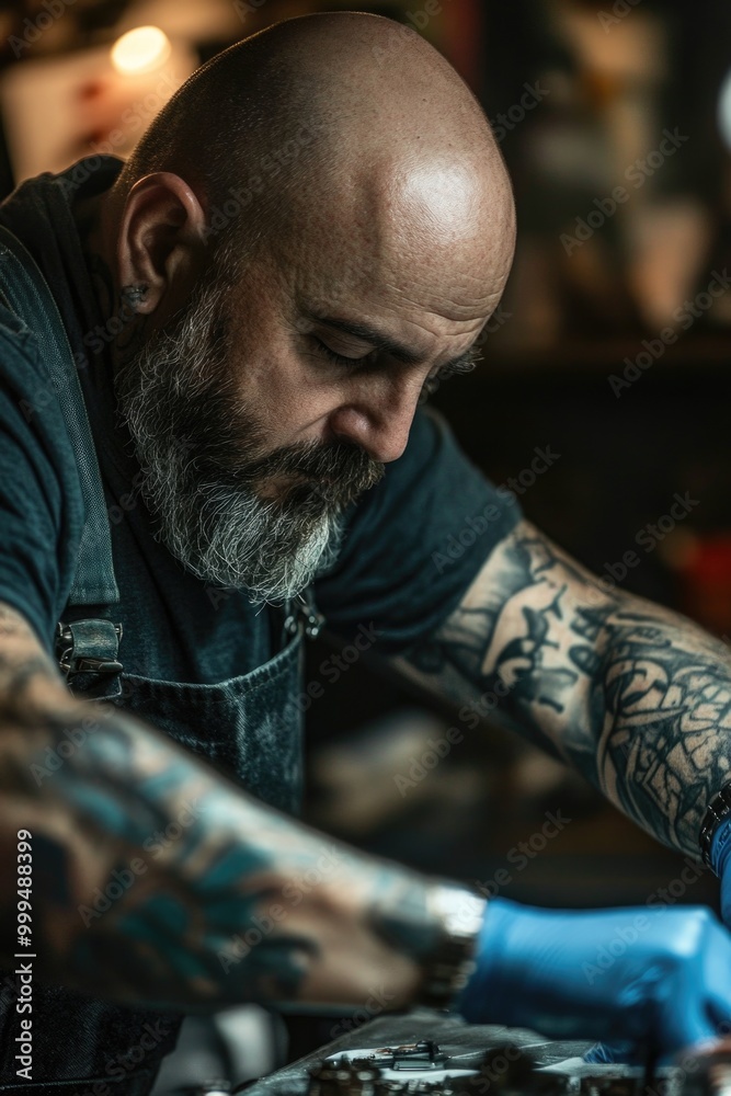 Man with tattoo working on machinery Man with tattoo working on machinery