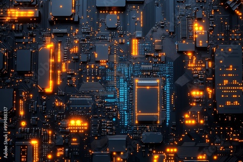 Close-up of a futuristic motherboard with glowing lights and intricate circuitry.