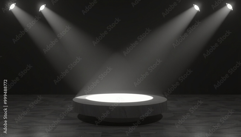 A circular podium with spotlights shining on it, on a dark wooden floor and against a black background. A circular podium with spotlights shining on it, on a dark wooden floor and against a black background.