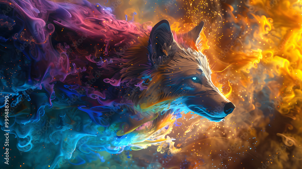 Fototapeta premium A beautiful painted illustration artwork of an illuminated fox with eye-catching colors.