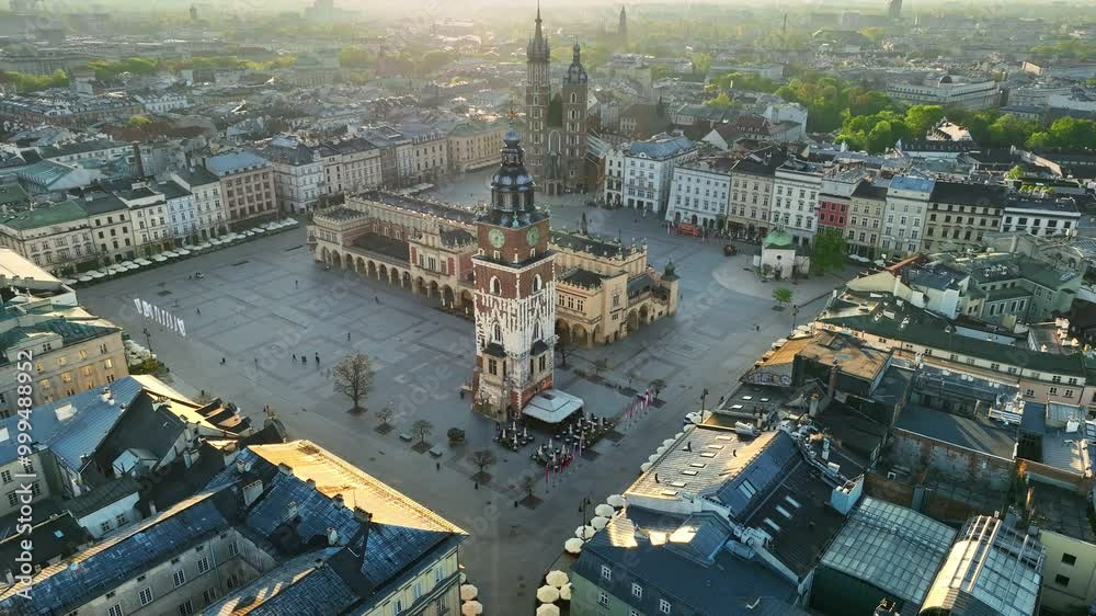 Aerial shot of old city center in Krakow at sunrise. Flying over Market Square in Krakow, Poland early in the morning.Sunny summer day in Krakow
