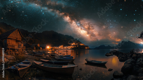 serene night scene over remote fishing village showcases stunning view of Milky Way galaxy illuminating sky. tranquil waters reflect stars and village lights, creating magical atmosphere