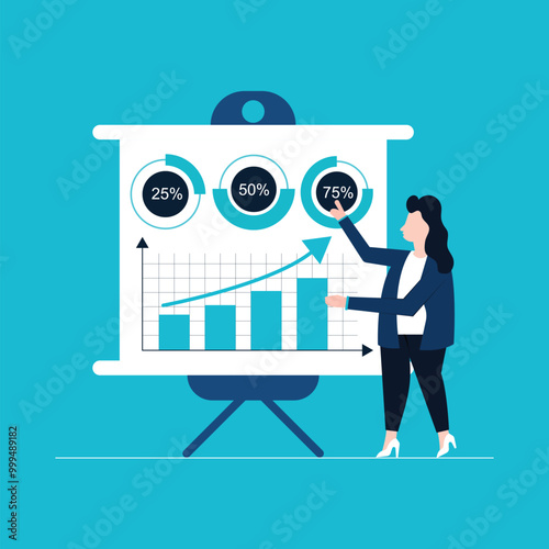 Strategic planning concept with people scene in flat design. Woman analysis company statistics at presentation and create development plan