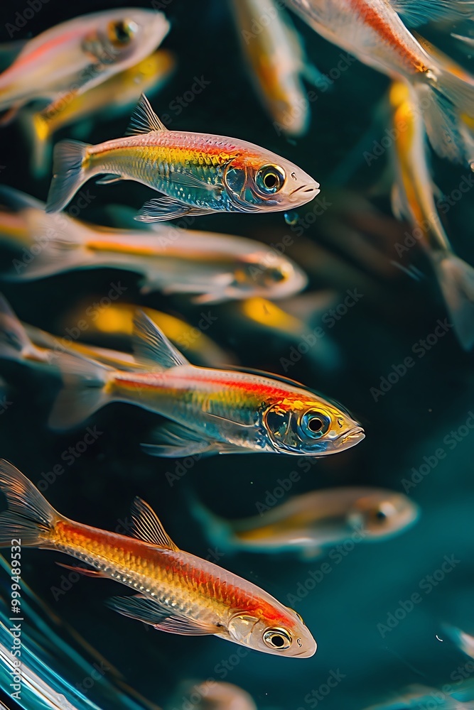 Fototapeta premium A school of colorful fish swimming in a teal-colored aquarium.