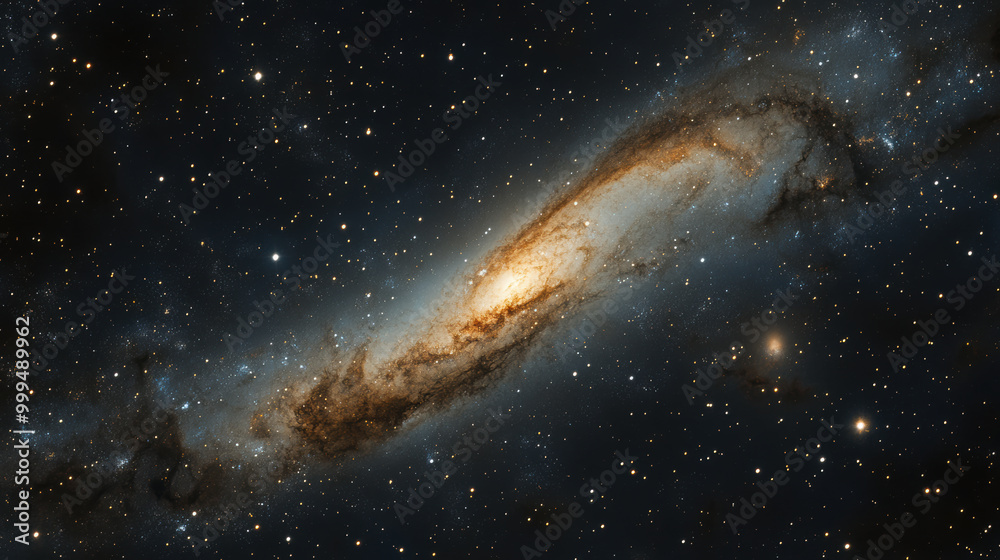Fototapeta premium serene image of distant galaxy in backdrop, showcasing beauty of cosmos with stars scattered across dark expanse. galaxys spiral arms are illuminated, creating mesmerizing view