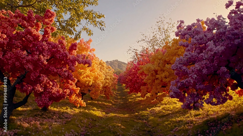 A picturesque path lined with vibrant, blooming trees, bathed in golden sunlight, leading towards a distant mountain range. A picturesque path lined with vibrant, blooming trees, bathed in golden sunlight, leading towards a distant mountain range.