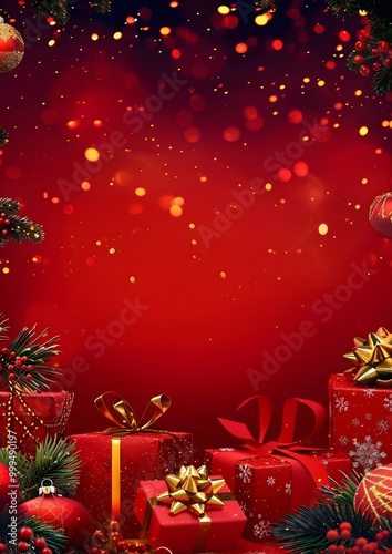 Christmas Tree Holiday Card Illustration with Snowflakes and Gold Stars