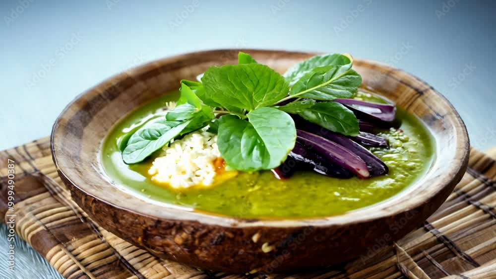 Cool light establishing video, camera slowly zooms out from thai green curry. Cool light establishing video, camera slowly zooms out from thai green curry.