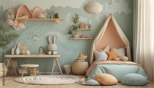 Biophilic Childrens Room Design Featuring Soft Calming Colors and Organic Shapes in a 3D Style photo