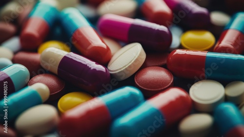 A close-up of various colorful pills and capsules scattered across a surface, highlighting the diversity in shapes, sizes, and colors of modern medications. 