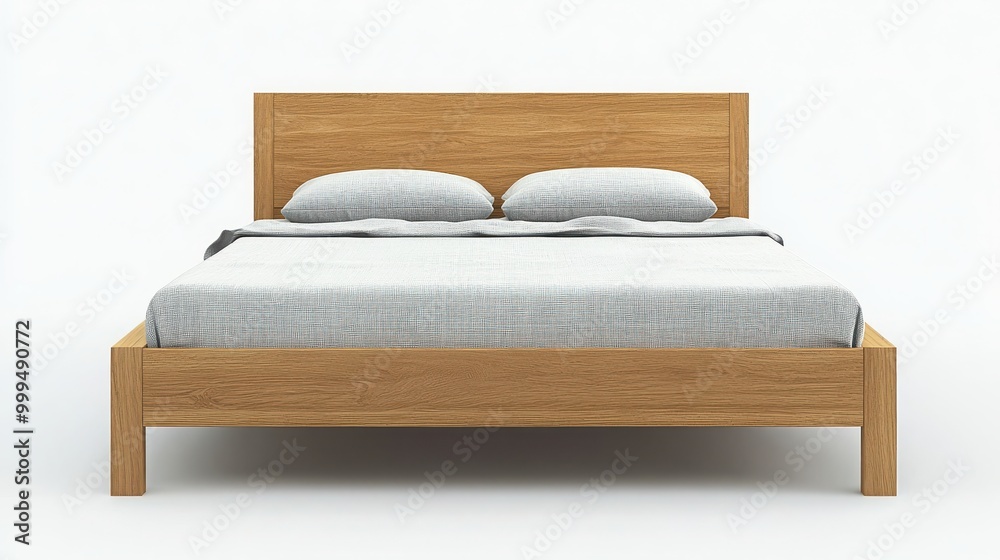 A sleek, minimalist platform bed with a low-profile wooden frame and a simple headboard in light oak, isolated on a white background A sleek, minimalist platform bed with a low-profile wooden frame and a simple headboard in light oak, isolated on a white background