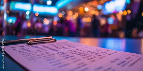 a bracket sheet filled out with team names, with the backdrop of a lively sports tournament venue