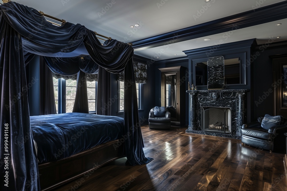 Fototapeta premium A luxurious master bedroom with dark navy walls, a large four-poster bed with dark velvet drapes, and a black marble fireplace. Dark wood floors and an oversized dark leather 
