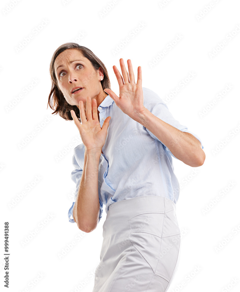 Scared, business and woman with hands in studio for warning, safety shield and anxiety of horror drama. Mature, female person and fear sign for help alert, crime danger or caution on white background Scared, business and woman with hands in studio for warning, safety shield and anxiety of horror drama. Mature, female person and fear sign for help alert, crime danger or caution on white background