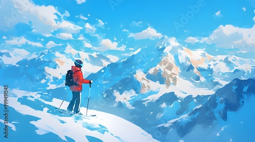 A lone skier stands atop a snowy mountain, gazing at a vast mountain range under a bright blue sky.