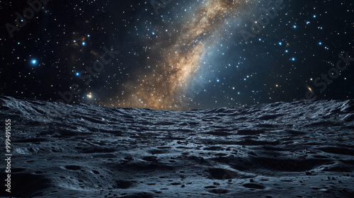 view from distant moon looking up at star filled galaxy, showcasing vastness of space and beauty of celestial bodies. scene evokes sense of wonder and exploration