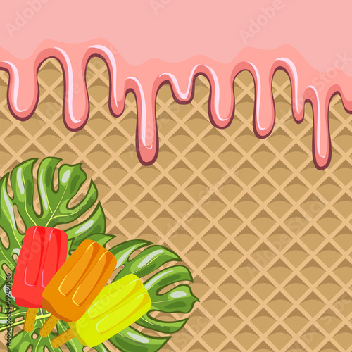 Pattern of waffles and ice cream.Popsicles on palm leaves and waffle background in vector illustration.
