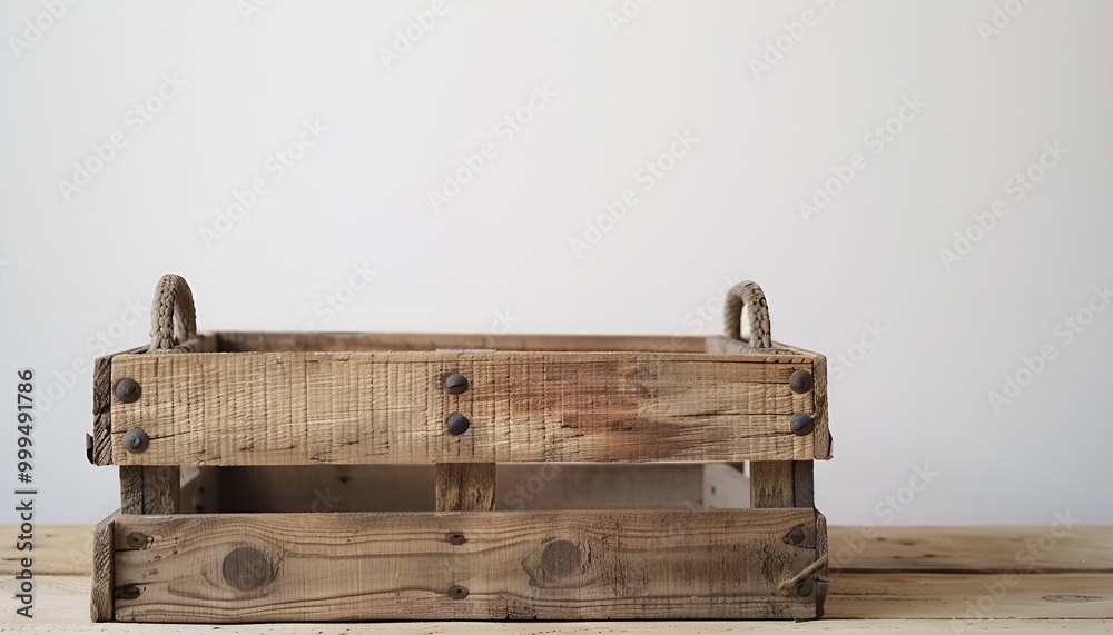 Fototapeta premium Wooden crate on table against white background. Space for text