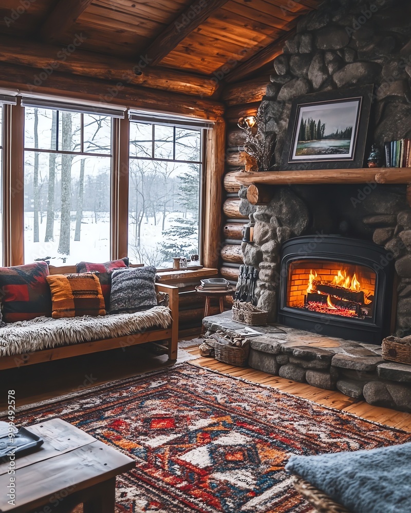 Cozy cabin living room with a fireplace, a couch with throw pillows ...
