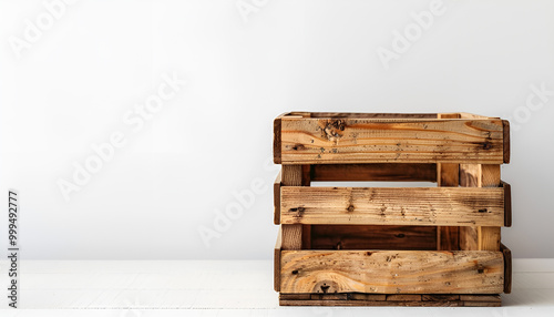 Wooden crate on table against white background. Space for text