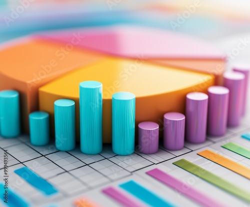 Colorful 3D bar graphs and pie charts on a grid, illustrating data visualization and analytics concepts in a vibrant, modern design.