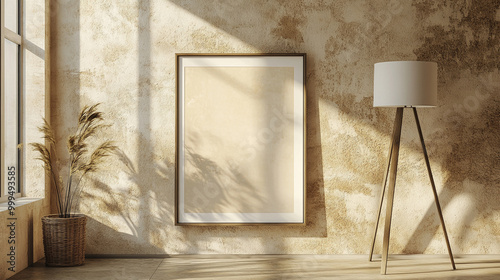 Empty Canvas Mockup  Minimalist Interior Design  Beige Wall  Wooden Floor  Floor Lamp  Sun