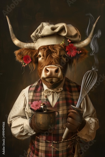 scottisch higlander cow in a farm cooking in the kitchen photo