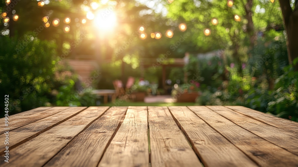 Rustic Wooden Table in a Sunlit Garden with String Lights and Lush Greenery in the Background Rustic Wooden Table in a Sunlit Garden with String Lights and Lush Greenery in the Background