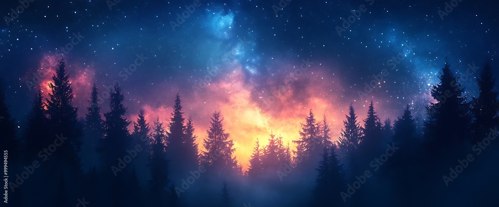 Silhouetted pine trees against a vibrant night sky. Silhouetted pine trees against a vibrant night sky.