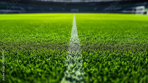 Zielony trawnik stadionu piłkarskiego. Idealny do rozgrywek, trawnik symbolizuje pasję sportu i zaangażowanie zarówno zawodników, jak i kibiców photo