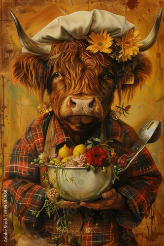 scottish higlander cow cooking animal cook kitchen artwork chef photo