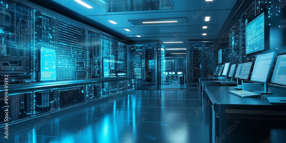 Fototapeta premium a network designers workspace, featuring digital tools used to create efficient and scalable network layouts for businesses or large facilities.