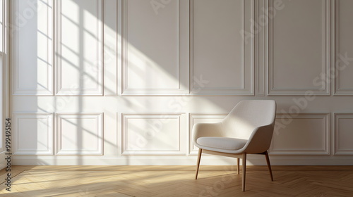 Beige chair in a minimalist room with white wall panels and wooden floor. Clean lines and soft shadows creating a warm, modern atmosphere. Yoga and meditation studio banner, calm and minimalist