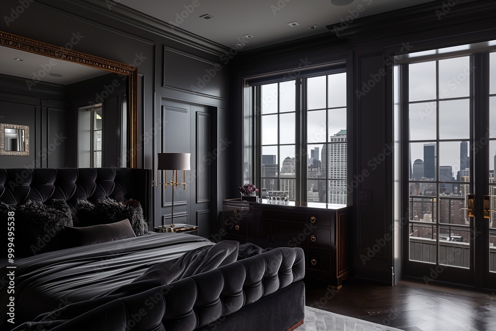 Fototapeta premium An elegant bedroom with dark gray walls, a black upholstered bed with dark satin bedding, and a dark wood vanity. A large, dark-framed window provides a view of the city skyline.