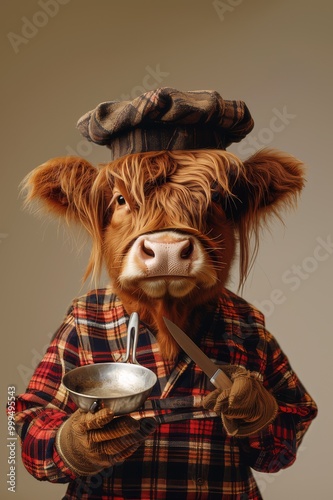 scottish higlander cow cooking animal cook kitchen artwork chef photo