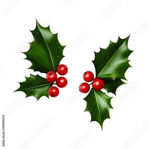 smooth and spiky green holly leaves with red berries for Christmas decoration on isolate transparent background 