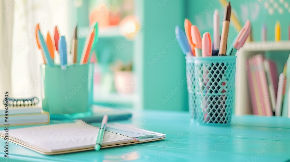 The classy look of school folders and markers on a mint blue table is seen in context The classy look of school folders and markers on a mint blue table is seen in context