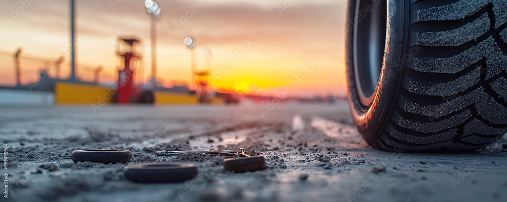 A quiet pit stop at dusk, with abandoned tools and tires, the crew long gone, marking the end of a racing legacy A quiet pit stop at dusk, with abandoned tools and tires, the crew long gone, marking the end of a racing legacy