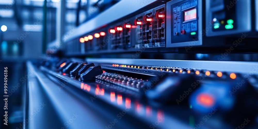 Focused image of an industrial control system with IoT devices integrated for optimal performance and real-time monitoring, improving production efficiency. Focused image of an industrial control system with IoT devices integrated for optimal performance and real-time monitoring, improving production efficiency.
