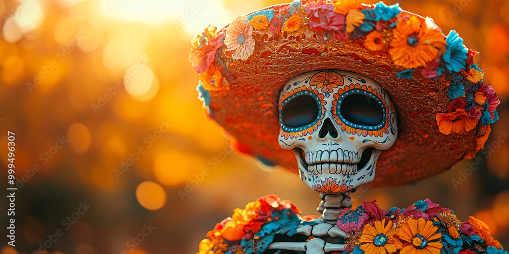 The image features a colorful, festive skeleton figure adorned with traditional decorations, wearing a vibrant sombrero, against a warm autumn background....