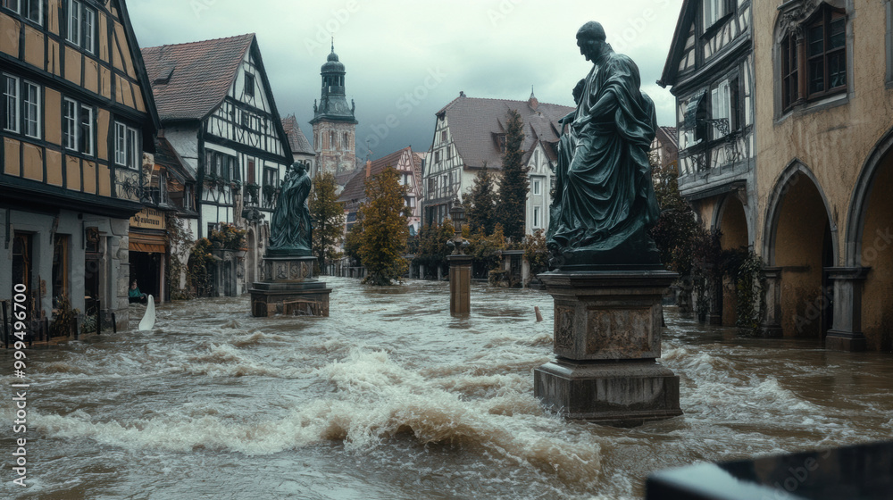 Obraz premium historical town is engulfed by rushing floodwaters, with statues standing amidst chaos. scene captures dramatic impact of nature on architecture and history