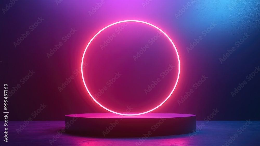 Fototapeta premium An AI generated image featuring a striking neon circle as a backdrop enhances the presentation of a product displayed on a podium