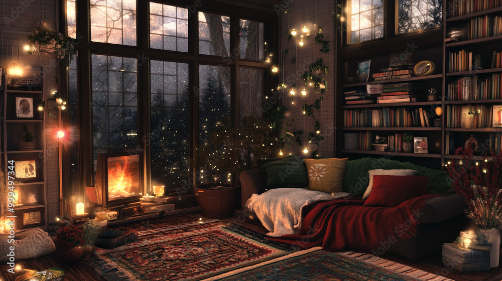 Cozy Winter Living Room with Fireplace Bookshelf and String Lights Cozy Winter Living Room with Fireplace Bookshelf and String Lights