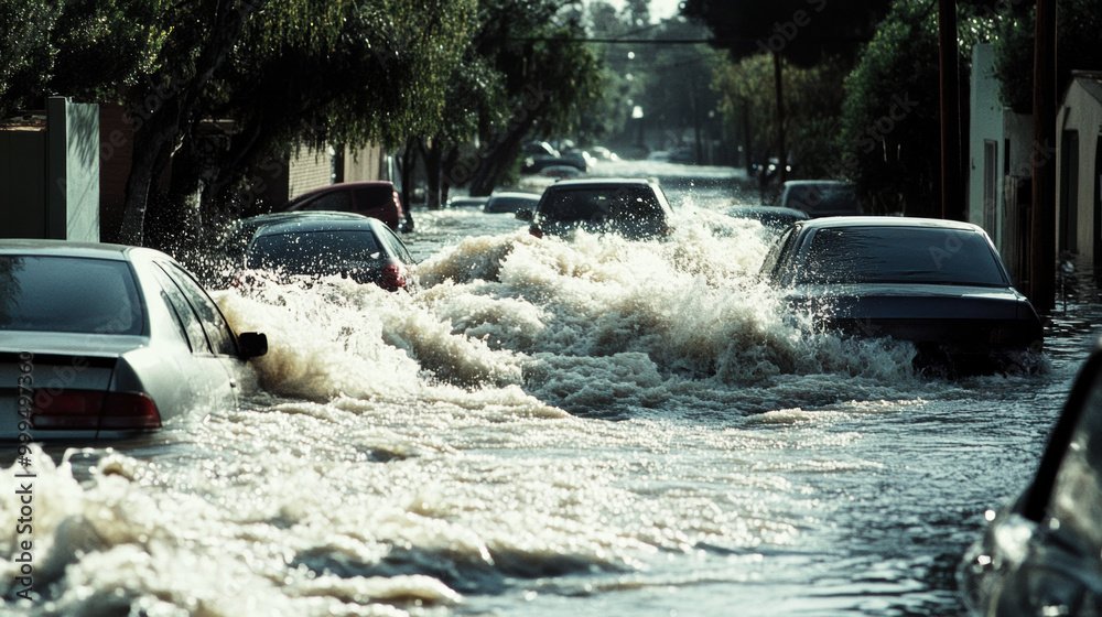 Raging floodwaters rushing down suburban street, submerging parked cars and creating dramatic scene of natures power. water reflects surrounding greenery, emphasizing impact of flood Raging floodwaters rushing down suburban street, submerging parked cars and creating dramatic scene of natures power. water reflects surrounding greenery, emphasizing impact of flood