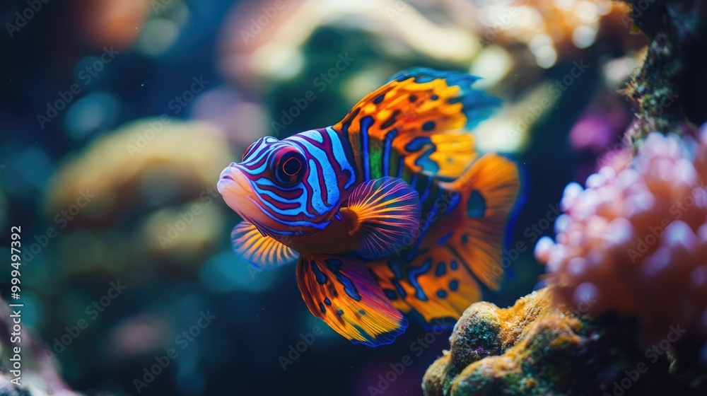Fototapeta premium Close up of a vividly colored mandarinfish amidst a vibrant reef ecosystem Perfect for promoting diving snorkeling underwater life demonstrations and marine conservation efforts