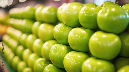 Fresh vibrant granny smith apples stacked in a delightful display photo