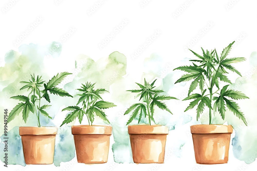 Watercolor illustration of Cannabis plants in pots. Watercolor illustration of Cannabis plants in pots.